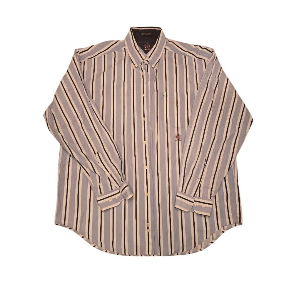 Tommy Hilfiger Mens Large Blue Striped Button Down Long Sleeve Crest Logo Shirt
